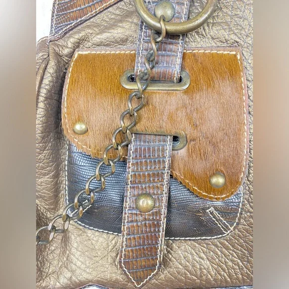 Claudia Firenze Handbag Pewter Metallic Leather Fur Chain Made in Italy - Picture 5 of 16